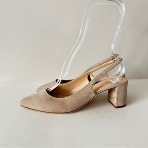 NEW Ann Mashburn Beige Suede All Leather Block Heel Women's Slingbacks, Sz 6.5